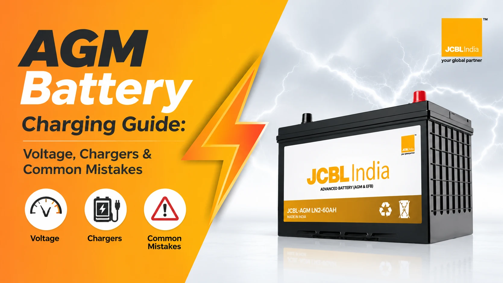 AGM battery charging guide showing JCBL India battery with voltage and charger information