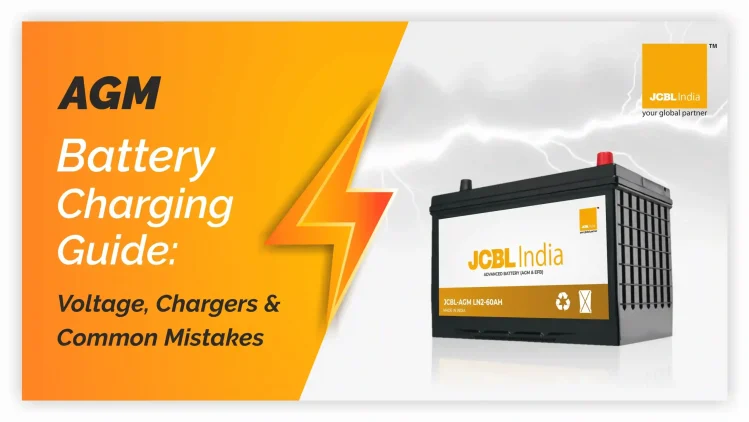 AGM battery charging guide showing JCBL India battery with voltage and charger information