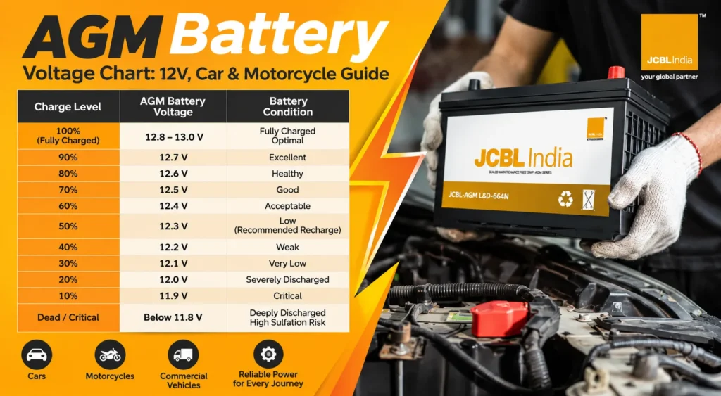 AGM battery voltage chart for 12V car and motorcycle batteries