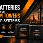 Telecom tower backup batteries banner with LiFePO4, VRLA, and OPzV batteries