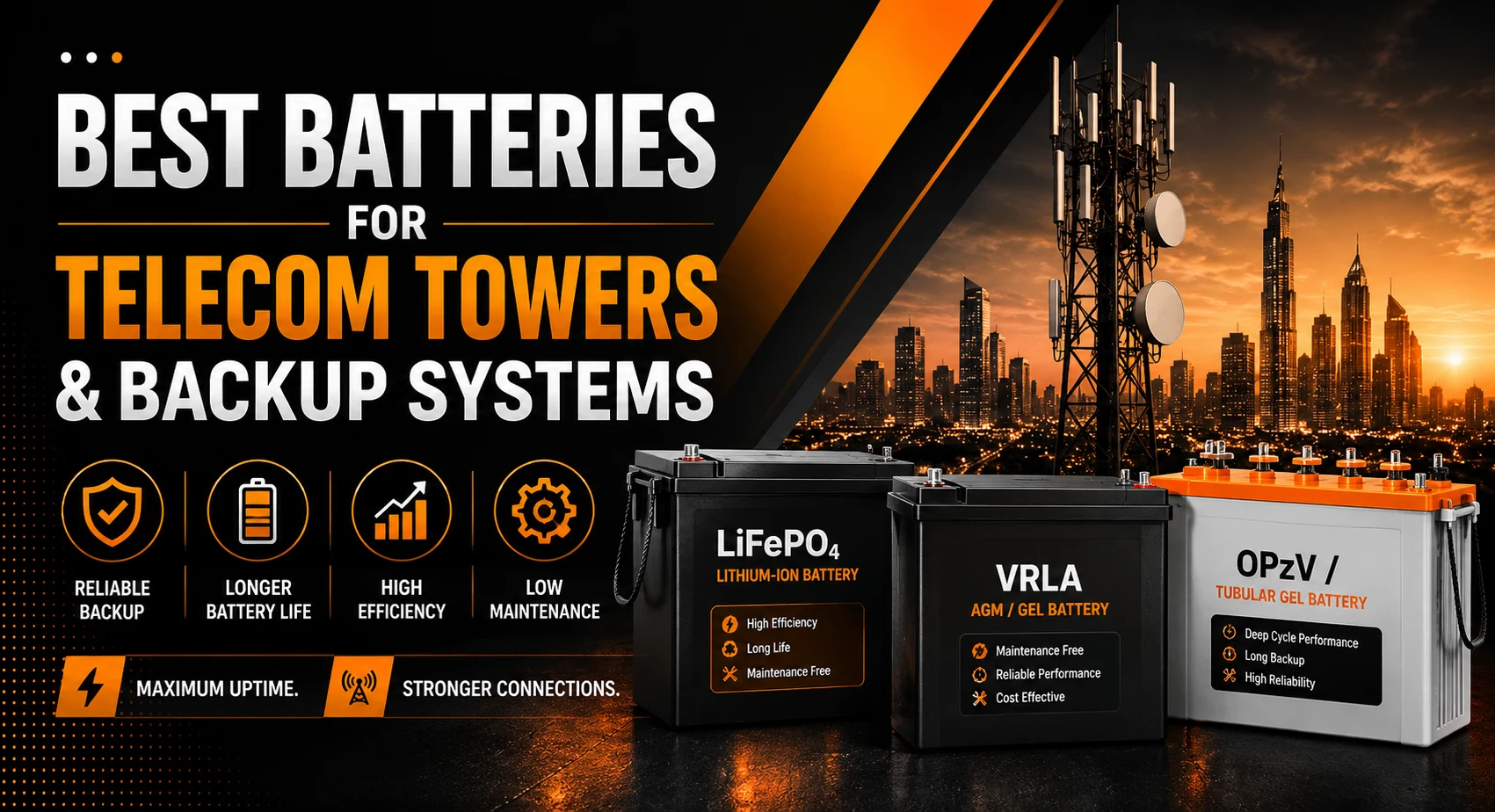 Telecom tower backup batteries banner with LiFePO4, VRLA, and OPzV batteries