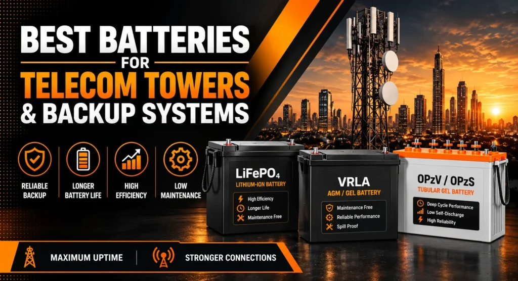Telecom tower backup batteries banner with LiFePO4, VRLA, and OPzV batteries