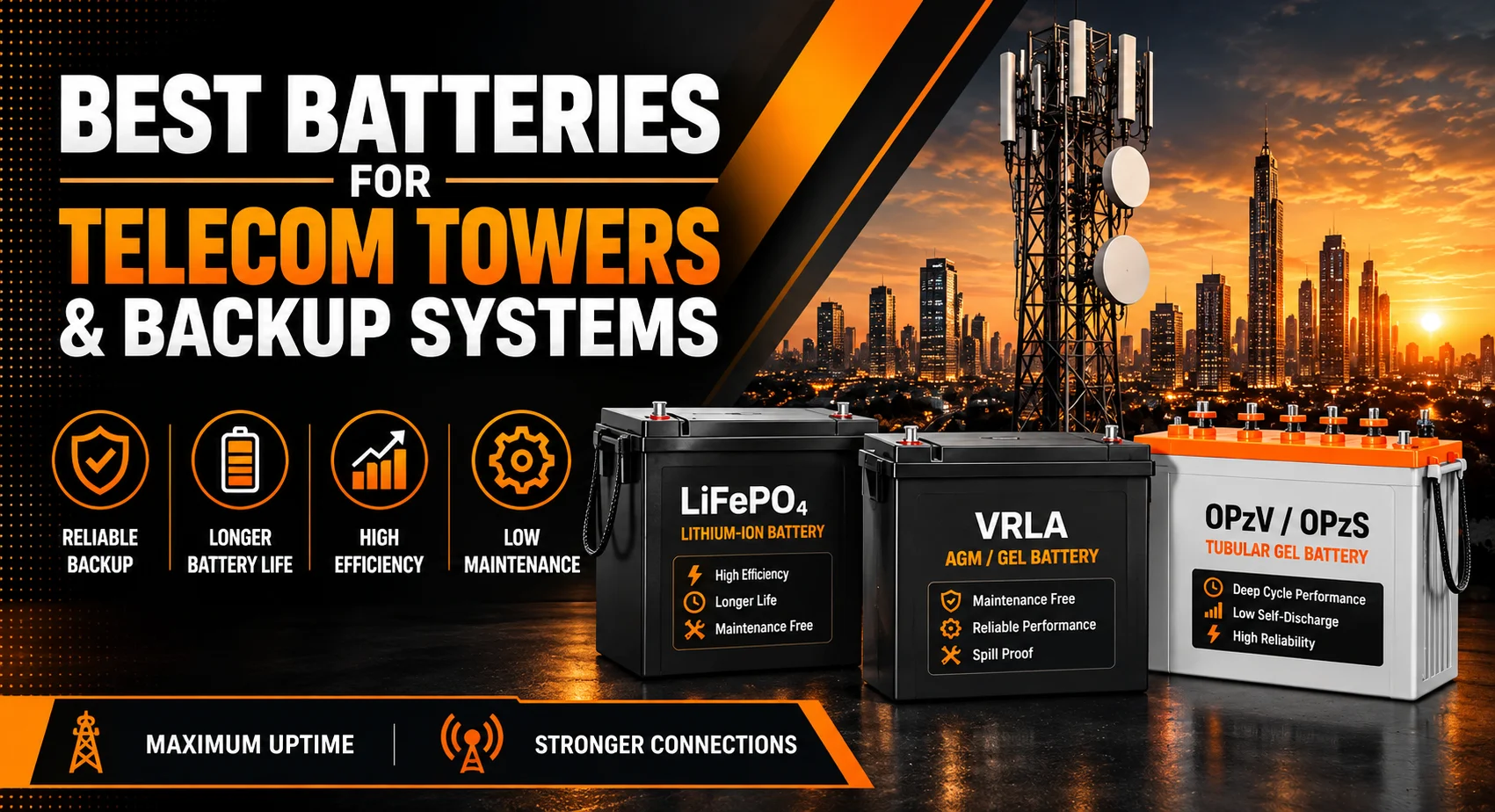 Telecom tower backup batteries banner with LiFePO4, VRLA, and OPzV batteries