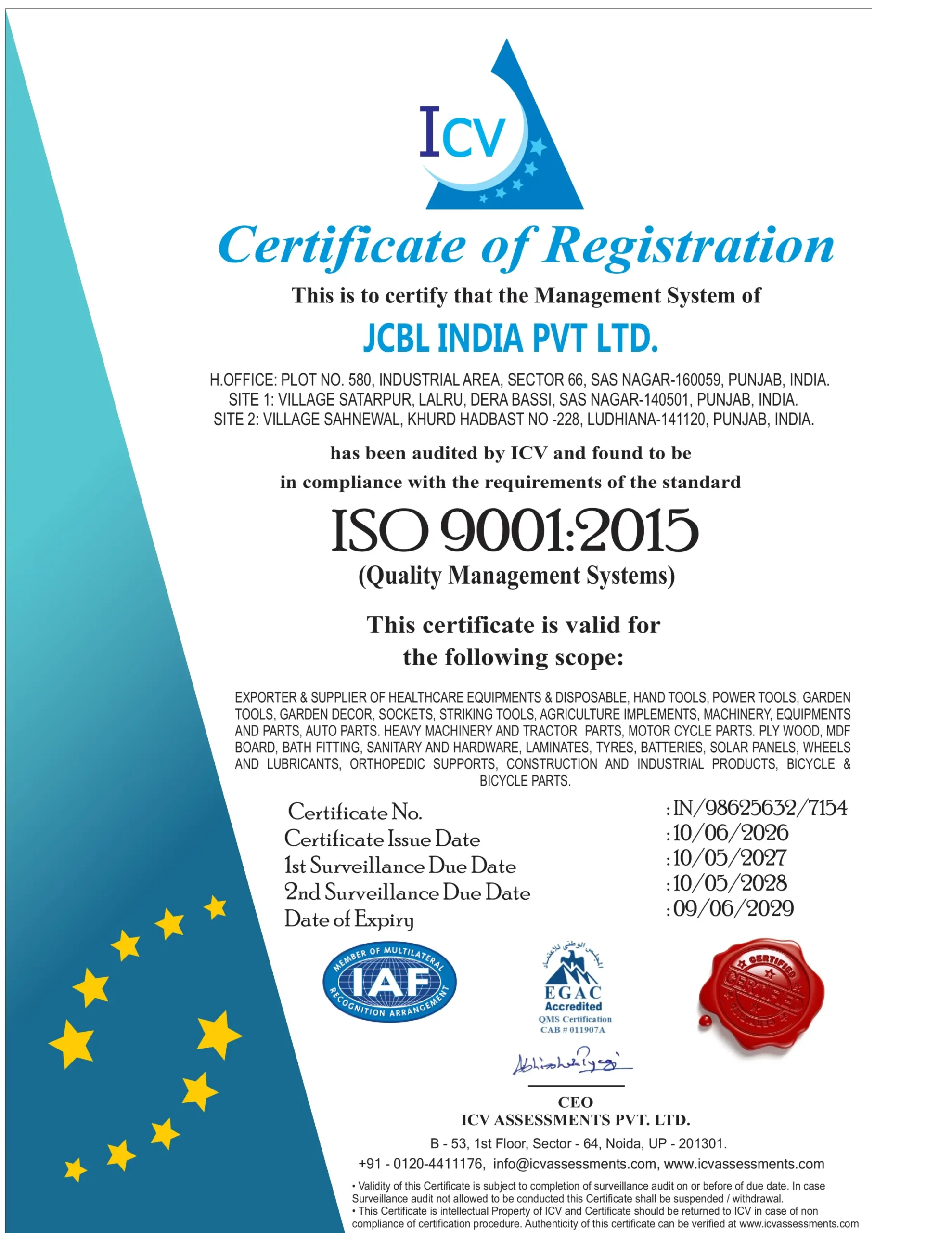 JCBL India Batteries - ISO 9001:2015 Certificate