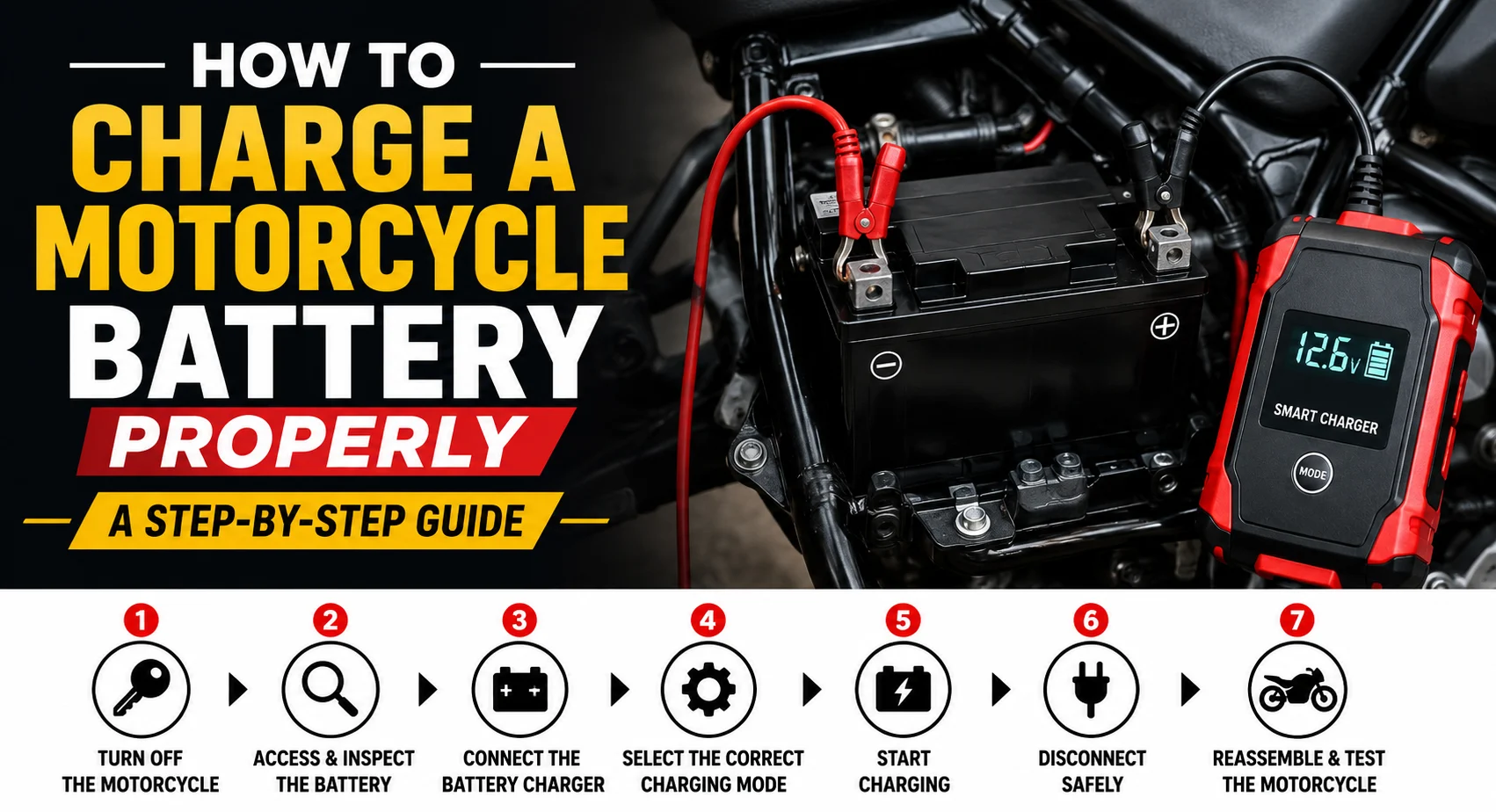 Motorcycle battery being charged with a smart battery charger
