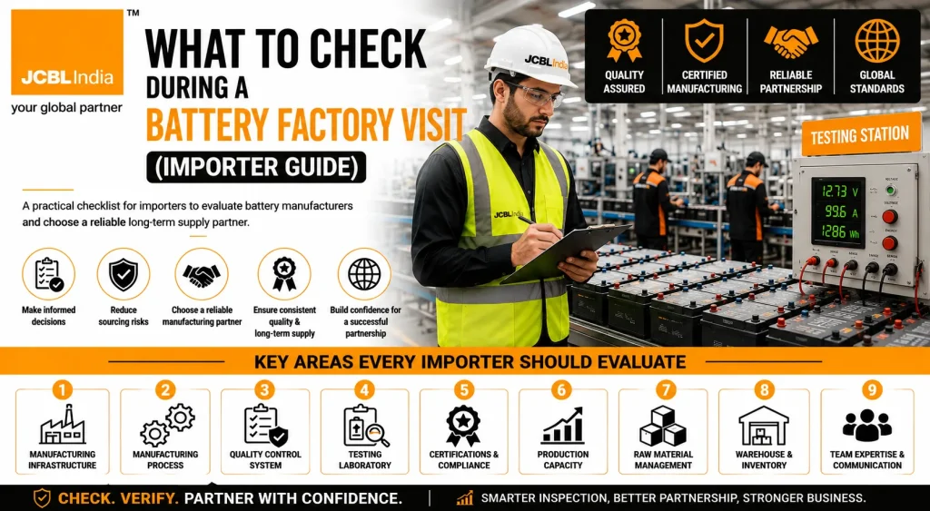 Battery factory visit checklist showing an importer inspecting battery manufacturing, quality control, testing laboratory, and production facility
