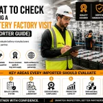 Battery factory visit checklist showing an importer inspecting battery manufacturing, quality control, testing laboratory, and production facility
