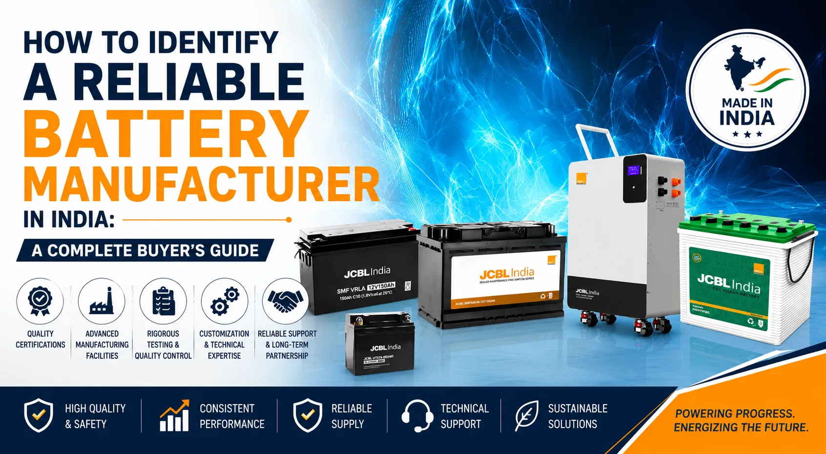 Featured image illustrating how to identify a reliable battery manufacturer in India with quality certifications, advanced manufacturing, testing, and battery product solutions.