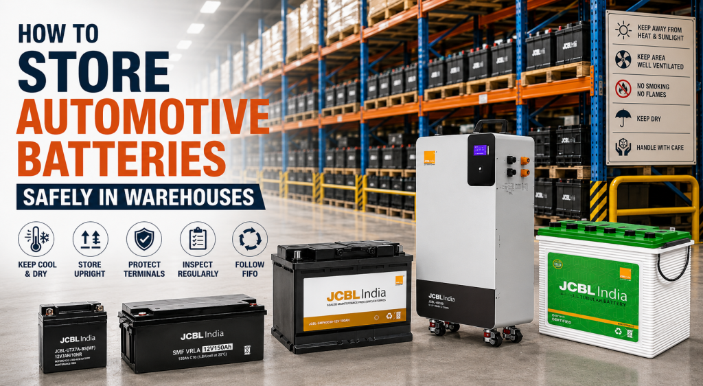 Automotive batteries safely stored in a modern warehouse with organized racks and proper storage practices.
