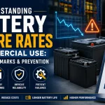Commercial batteries in an industrial warehouse illustrating battery failure rates, reliability benchmarks, common causes, and preventive maintenance practices.