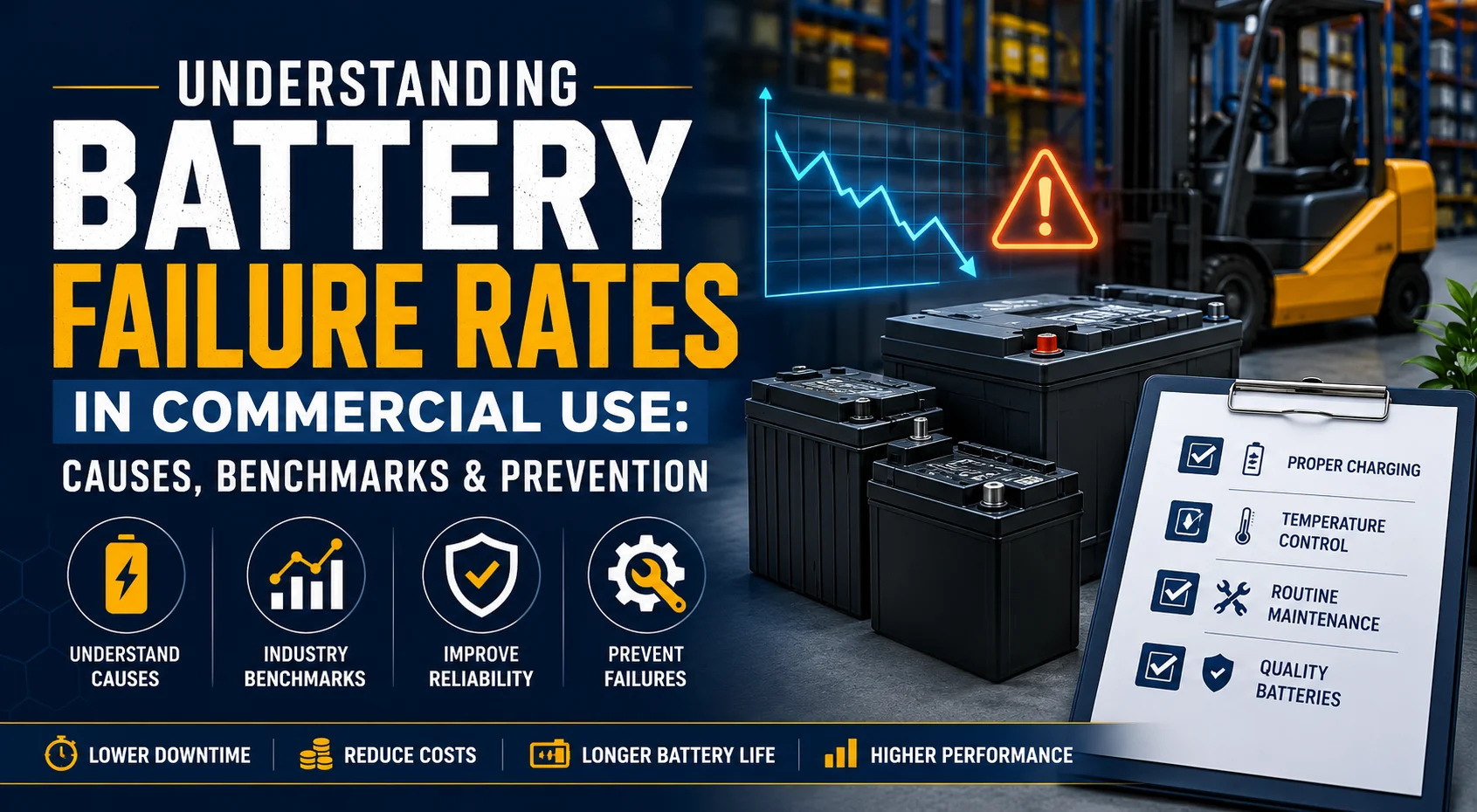 Commercial batteries in an industrial warehouse illustrating battery failure rates, reliability benchmarks, common causes, and preventive maintenance practices.