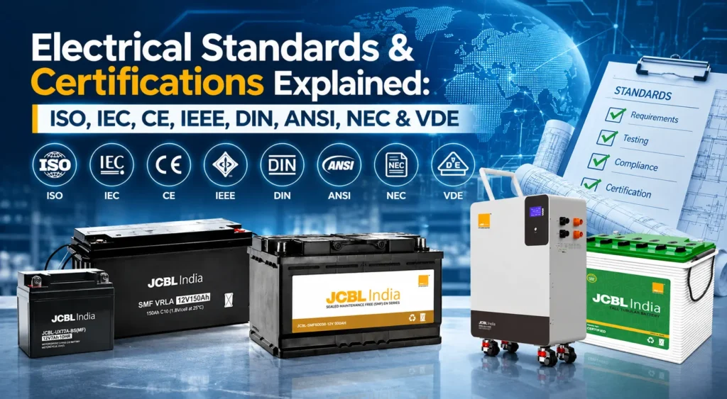 Electrical standards and certifications including ISO, IEC, CE, IEEE, DIN, ANSI, NEC and VDE