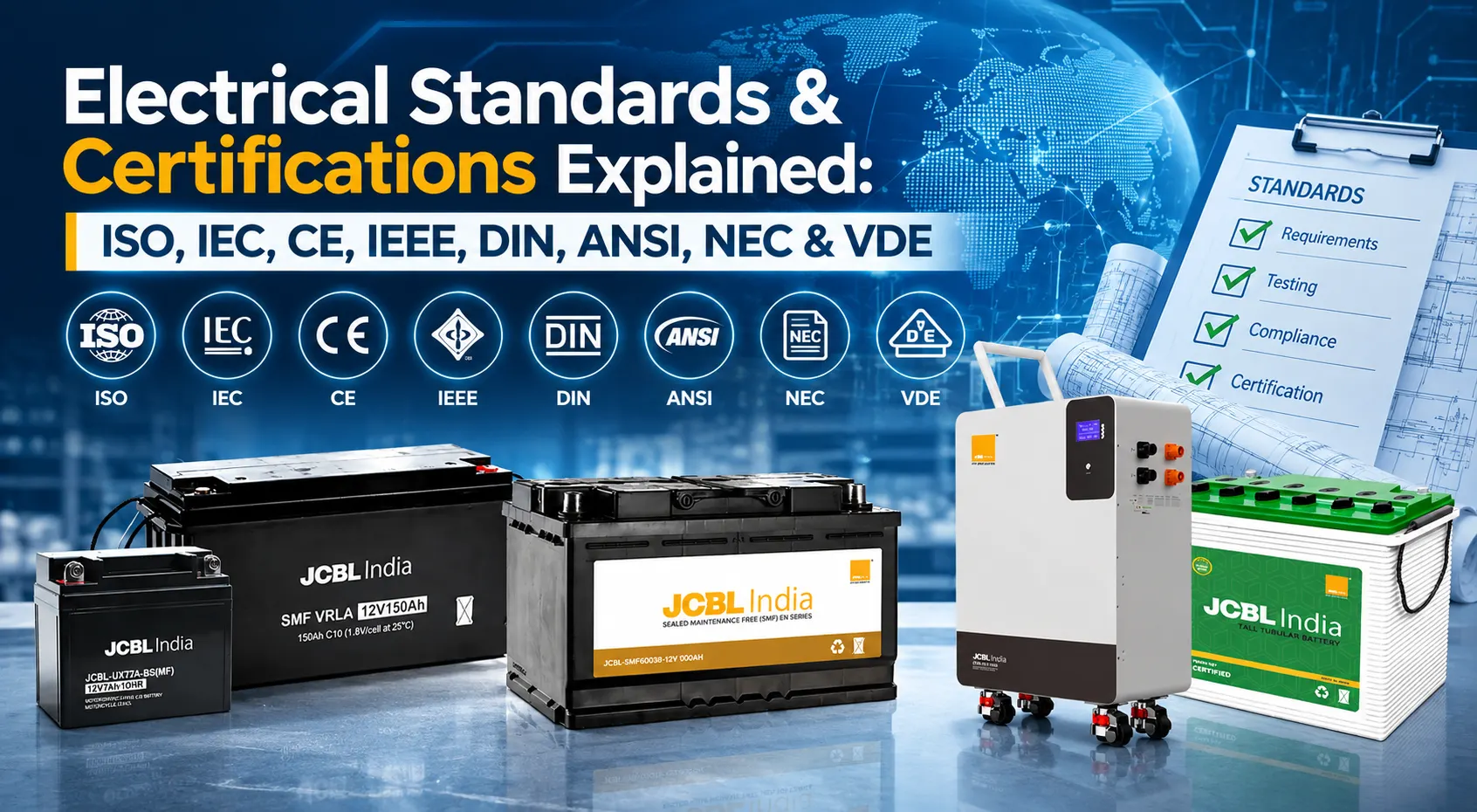 Electrical standards and certifications including ISO, IEC, CE, IEEE, DIN, ANSI, NEC and VDE