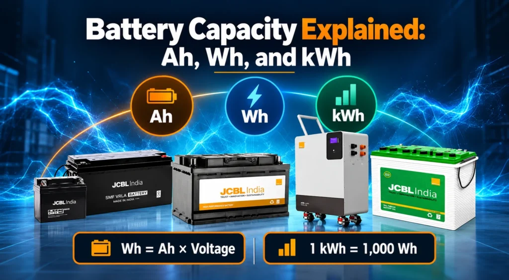 Battery capacity explained in Ah, Wh, and kWh with JCBL India batteries and energy conversion formulas.