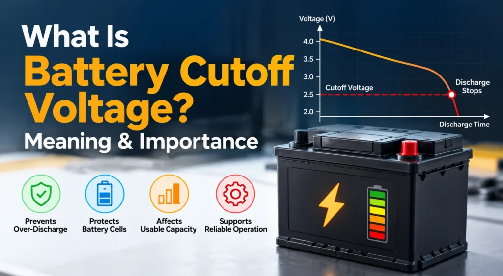 Battery cutoff voltage explained with a discharge graph, voltage threshold, and battery protection benefits.