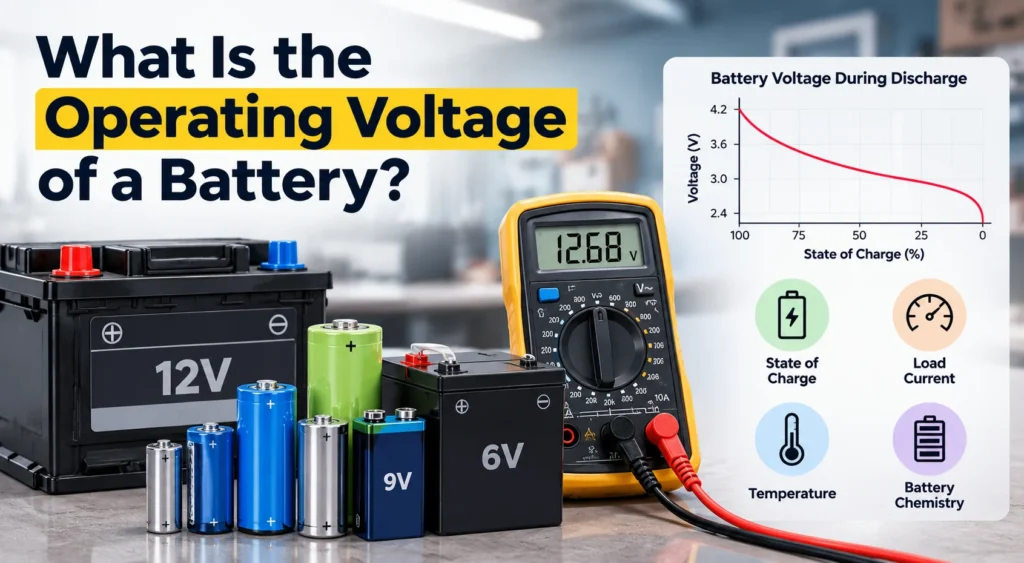 Battery operating voltage explained with different batteries, a digital multimeter reading 12.68 V, and a chart showing voltage changes during discharge.