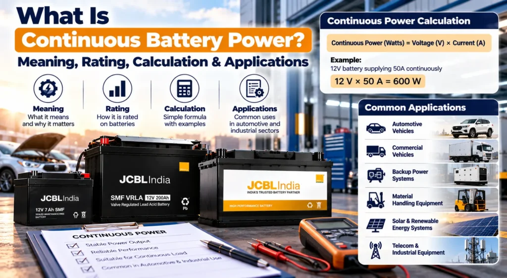 Continuous battery power explained with JCBL India batteries and power rating calculation
