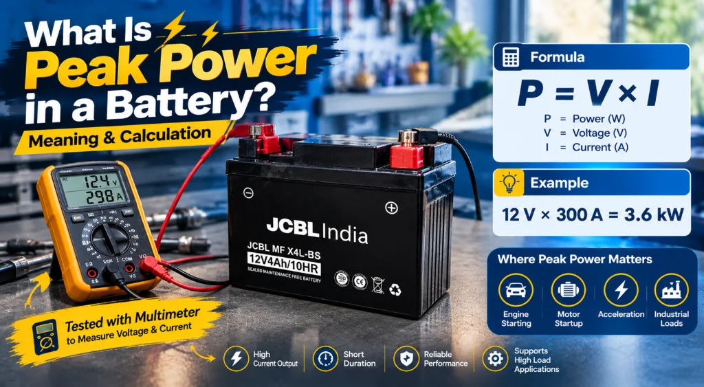 Battery peak power is calculated by multiplying voltage (V) by current (A).